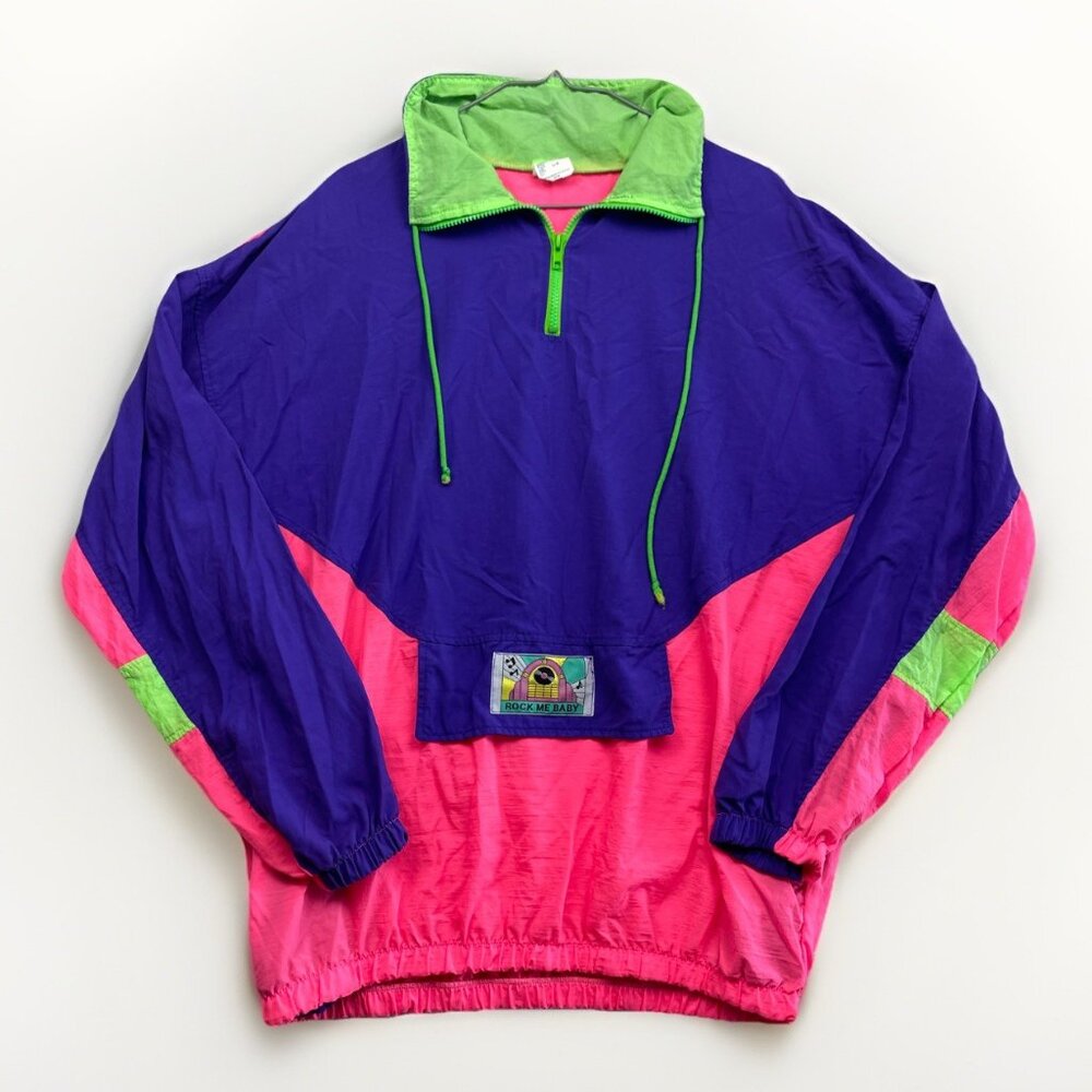 VTG "Rock me Baby" Patch Windbreaker Jacket Sz L Colorblock 90 Neon Bright Retro